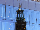 Church reflected in glass